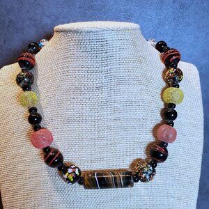New Vintage 90s Y2K India Artisan Glass Beads Black Multi Necklace OOAK Style V